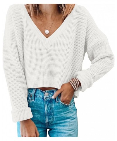 Women's Cropped Sweaters V Neck Long Sleeve Waffle Knit Pullover Sweaters White $14.35 Sweaters