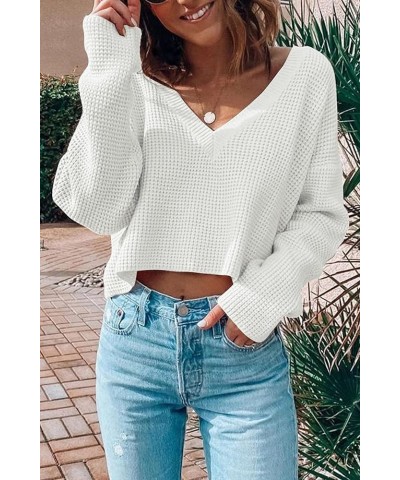 Women's Cropped Sweaters V Neck Long Sleeve Waffle Knit Pullover Sweaters White $14.35 Sweaters