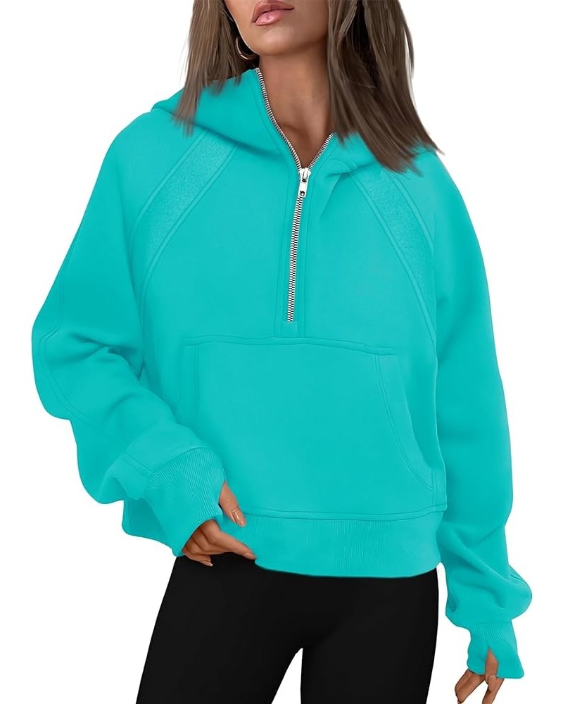 Women's 2023 Sweatshirts Half Zip Cropped Pullover Fleece Quarter Zipper Hoodies Fall Outfits Clothes Thumb Hole Lake Blue $2...