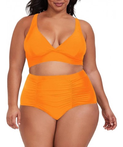 Women's 2 Piece Plus Size High Waisted Swimsuit Bathing Suit Orange $22.19 Swimsuits