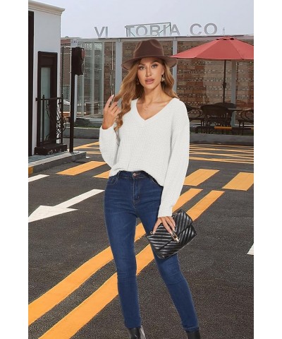 Women's Cropped Sweaters V Neck Long Sleeve Waffle Knit Pullover Sweaters White $14.35 Sweaters