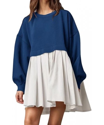 Women's Oversized Color Block Pleated Patchwork Mini Sweatshirt Dresses A10 Deep Blue & White $19.46 Hoodies & Sweatshirts