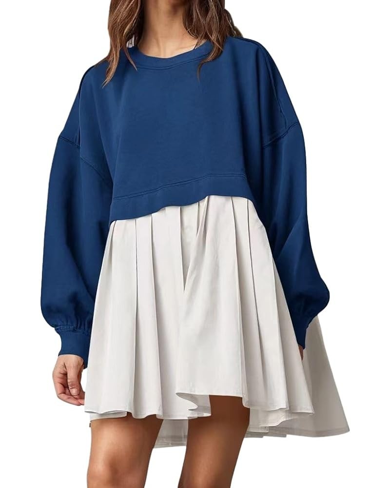 Women's Oversized Color Block Pleated Patchwork Mini Sweatshirt Dresses A10 Deep Blue & White $19.46 Hoodies & Sweatshirts