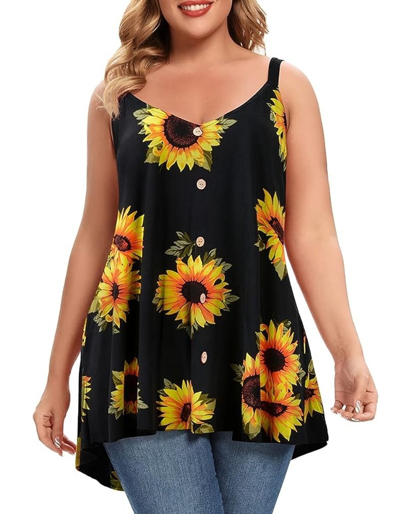 Plus Size Camisole V Neck Button Cami Tank Tops Women's Sleeveless T-Shirt Tunics Black Sunflower $11.61 Tanks