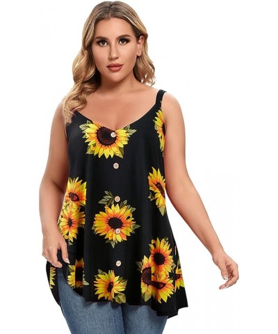 Plus Size Camisole V Neck Button Cami Tank Tops Women's Sleeveless T-Shirt Tunics Black Sunflower $11.61 Tanks