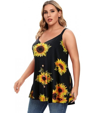 Plus Size Camisole V Neck Button Cami Tank Tops Women's Sleeveless T-Shirt Tunics Black Sunflower $11.61 Tanks