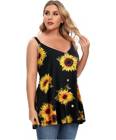 Plus Size Camisole V Neck Button Cami Tank Tops Women's Sleeveless T-Shirt Tunics Black Sunflower $11.61 Tanks