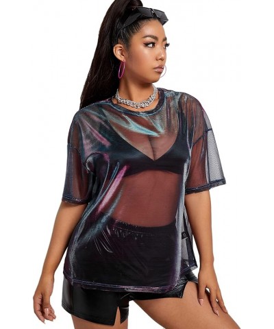 Women's Plus Size Sheer Mesh Drop Shoulder Short Sleeve Tee T-Shirt Top Black $14.24 T-Shirts