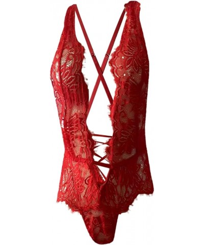 Women's Lingerie, Sleep & Lounge Sexy Lingerie One Piece Lingerie Lace Bodysuit Deep V Teddy Mini Babydoll Red $5.30 Underwear