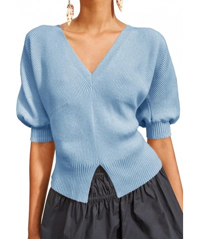 Womens Puff Short Sleeve Sweaters V Neck Trendy Sexy Knit Split Hem Pullover Sweater Top Sky Blue $13.01 Sweaters