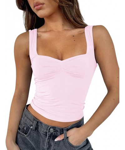 Women Sweetheart Neck Crop Tank Top Strappy Y2K Pleated Bustier Sleeveless Slim Fit Crop Cami Trendy Going Out Pink $11.19 Tanks