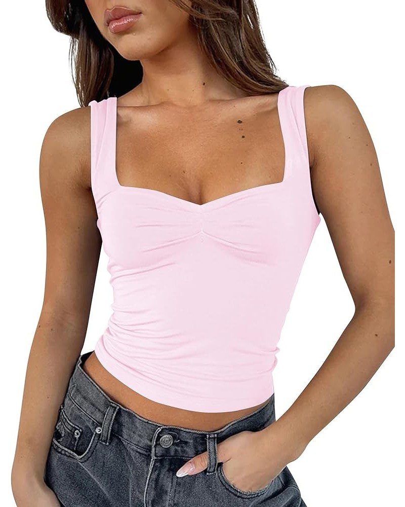 Women Sweetheart Neck Crop Tank Top Strappy Y2K Pleated Bustier Sleeveless Slim Fit Crop Cami Trendy Going Out Pink $11.19 Tanks