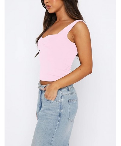 Women Sweetheart Neck Crop Tank Top Strappy Y2K Pleated Bustier Sleeveless Slim Fit Crop Cami Trendy Going Out Pink $11.19 Tanks