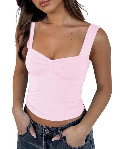 Women Sweetheart Neck Crop Tank Top Strappy Y2K Pleated Bustier Sleeveless Slim Fit Crop Cami Trendy Going Out Pink $11.19 Tanks